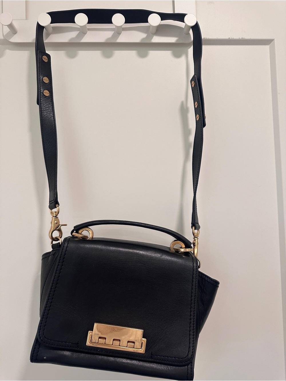 Zac Posen Black Leather Top-Handle Crossbody with Gold Hardware